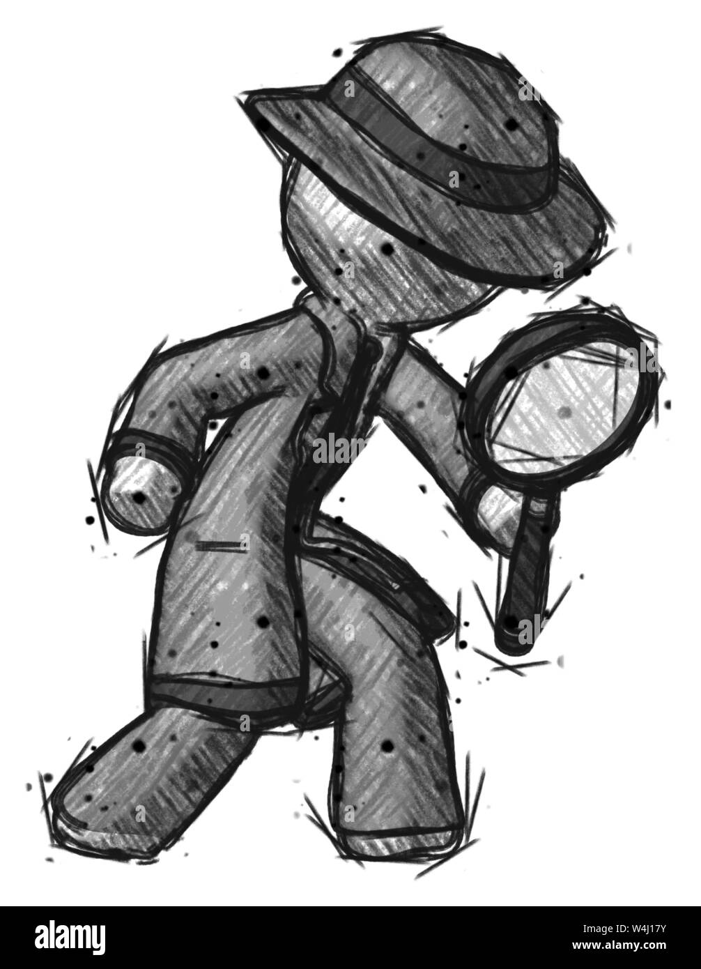 Sketch detective homme inspectant avec grande loupe droite. Banque D'Images