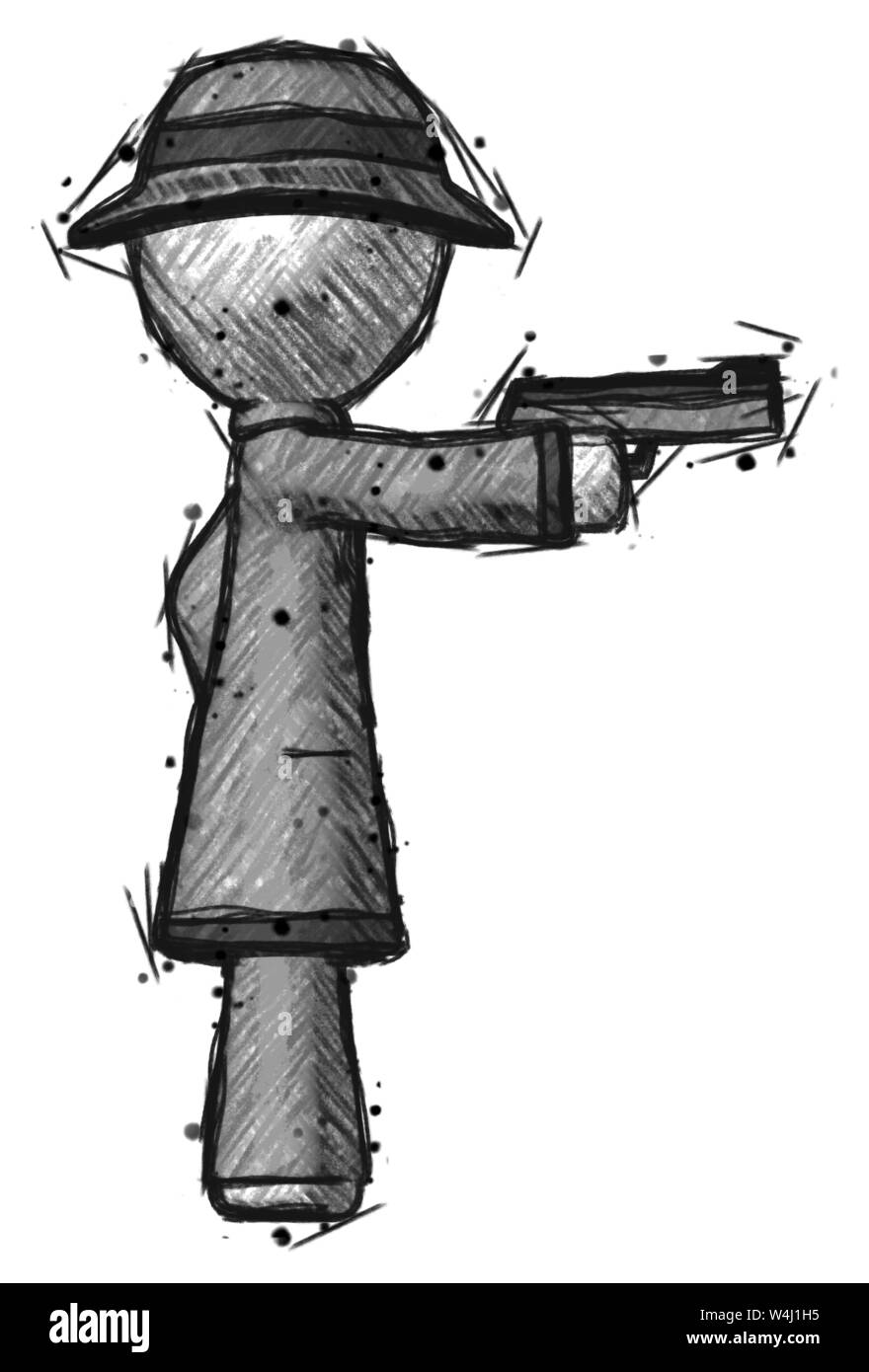 L'homme esquisse un pistolet de tir de détective. Banque D'Images L'homme esquisse un pistolet de tir de détective. Banque D'Images