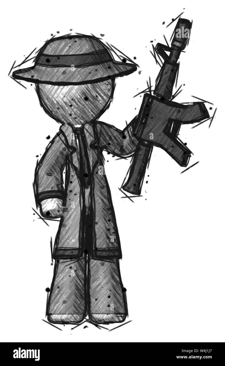 Sketch detective man holding pistolet automatique. Banque D'Images Sketch detective man holding pistolet automatique. Banque D'Images