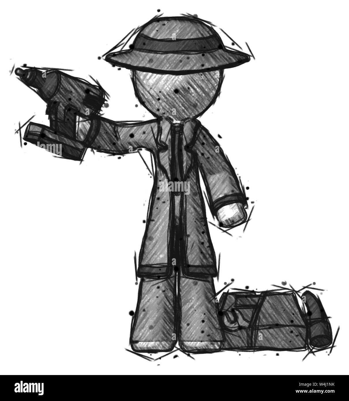 Sketch detective man holding drill prêt à travailler, et à droite des outils toolchest. Banque D'Images