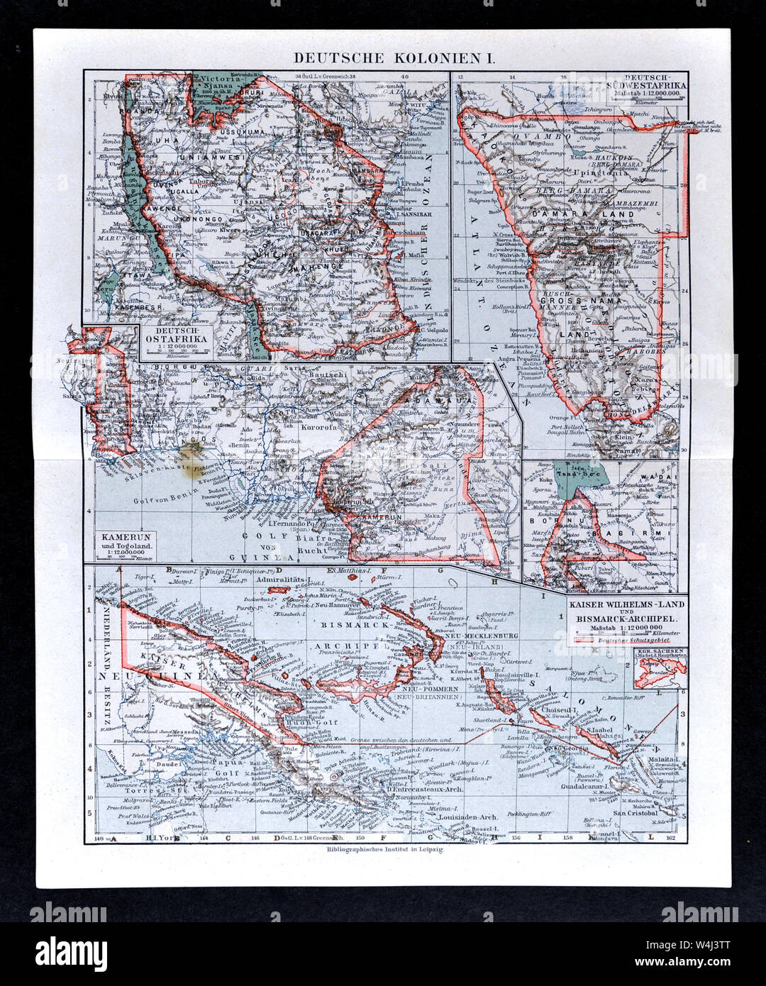 1900 Meyer carte des colonies allemandes en Afrique et dans les Indes orientales Banque D'Images