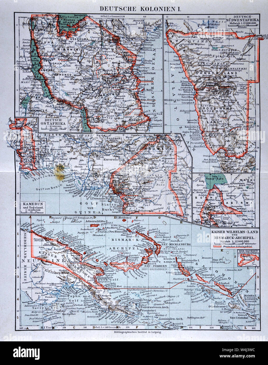1900 Meyer carte des colonies allemandes en Afrique et dans les Indes orientales Banque D'Images