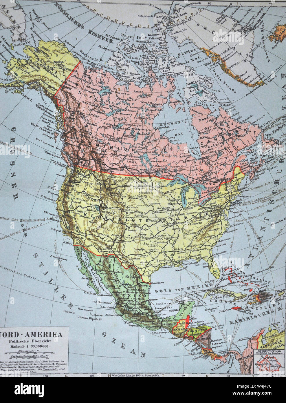 Meyer 1900 Carte de l'Amérique du Nord montrant le Canada, les États-Unis, le Mexique, l'Alaska et Antilles Banque D'Images