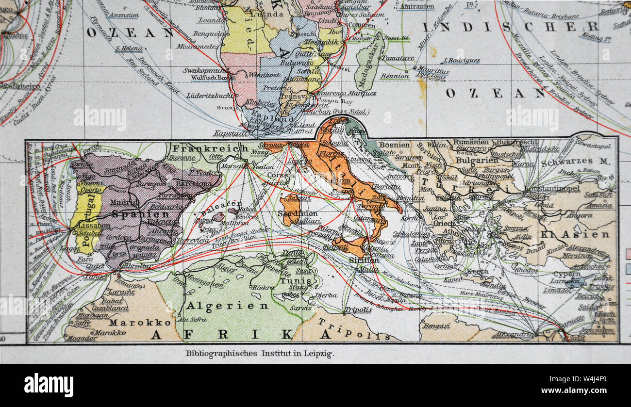 1900 Meyer Carte Du Monde Méditerranée Navigation Steamer Routes Banque D'Images