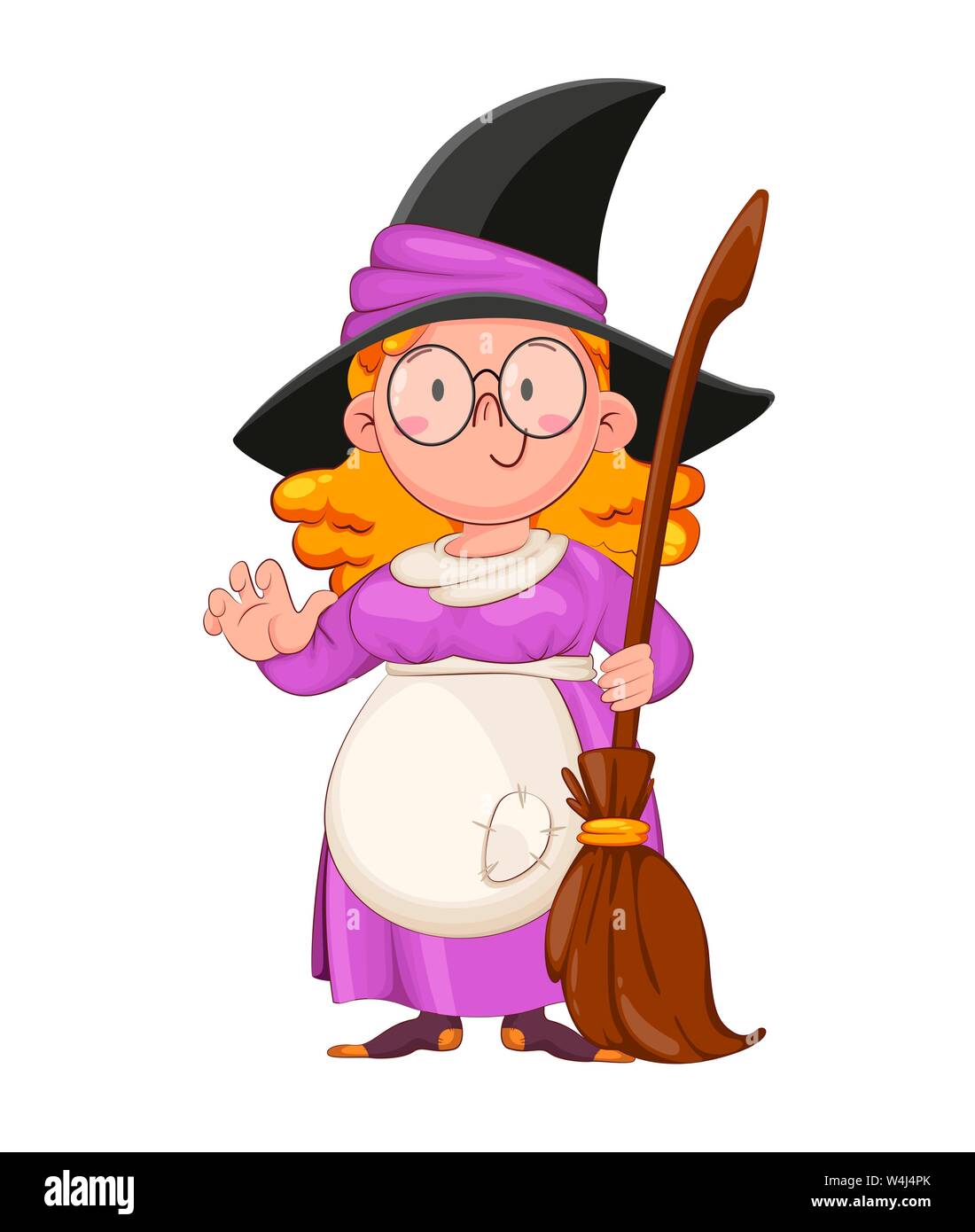 L'Halloween. Drôle de sorcière avec balai. Magicien joyeux personnage. Vector illustration Illustration de Vecteur