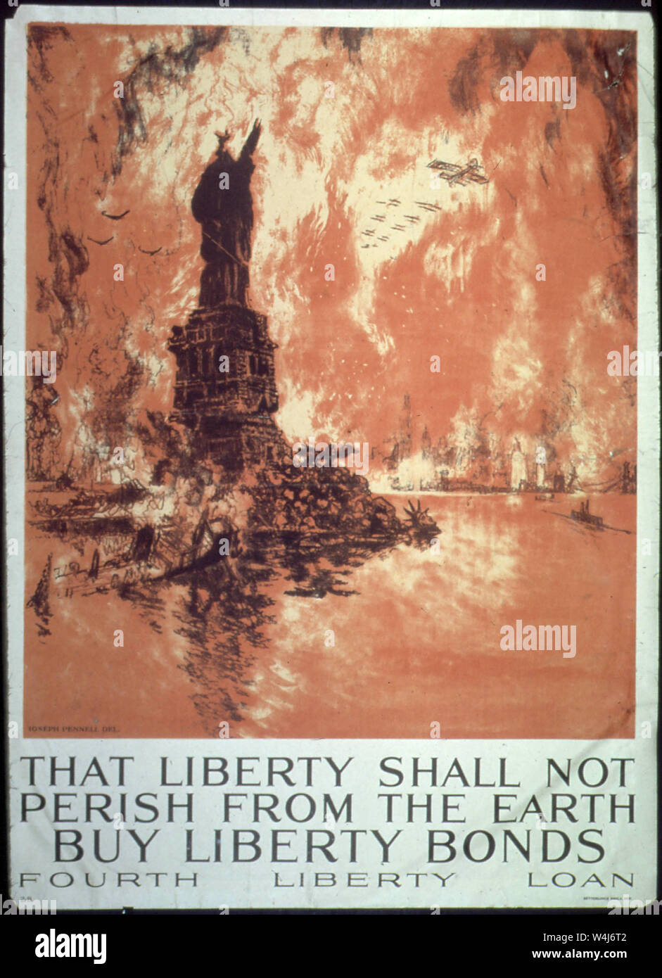 Affiche de guerre montrant le feu et la Statue de la liberté par les mots, que la liberté ne doit pas périr de la Terre : acheter la liberté des obligations. Quatrième liberté Prêt, 1917 Banque D'Images