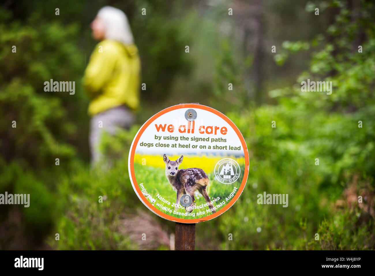 Aboutr signes le contrôle des chiens pour éviter la perturbation de la faune dans la région de Rothiemurchus, Cairngorm, Ecosse, Royaume-Uni. Banque D'Images