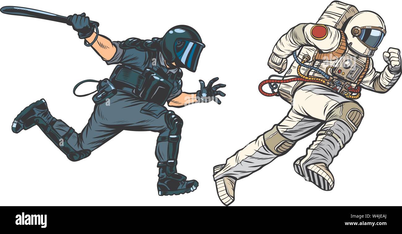 La police anti-émeute et de l'astronaute avec une matraque. Retro pop art dessin illustration vectorielle Illustration de Vecteur