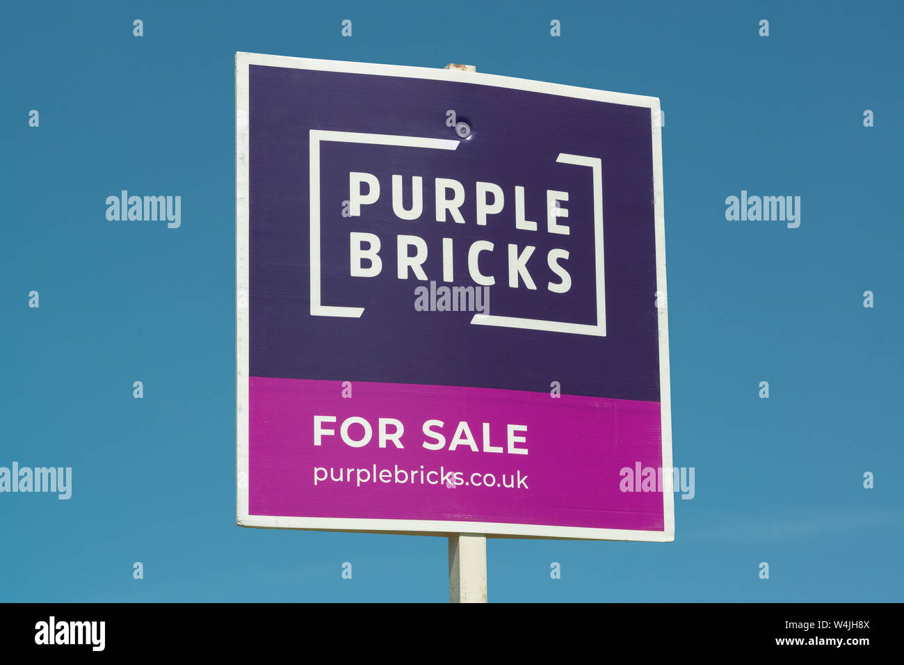 Un purplebricks signe indiquant une propriété est à vendre par l'agence immobilière en ligne. Banque D'Images