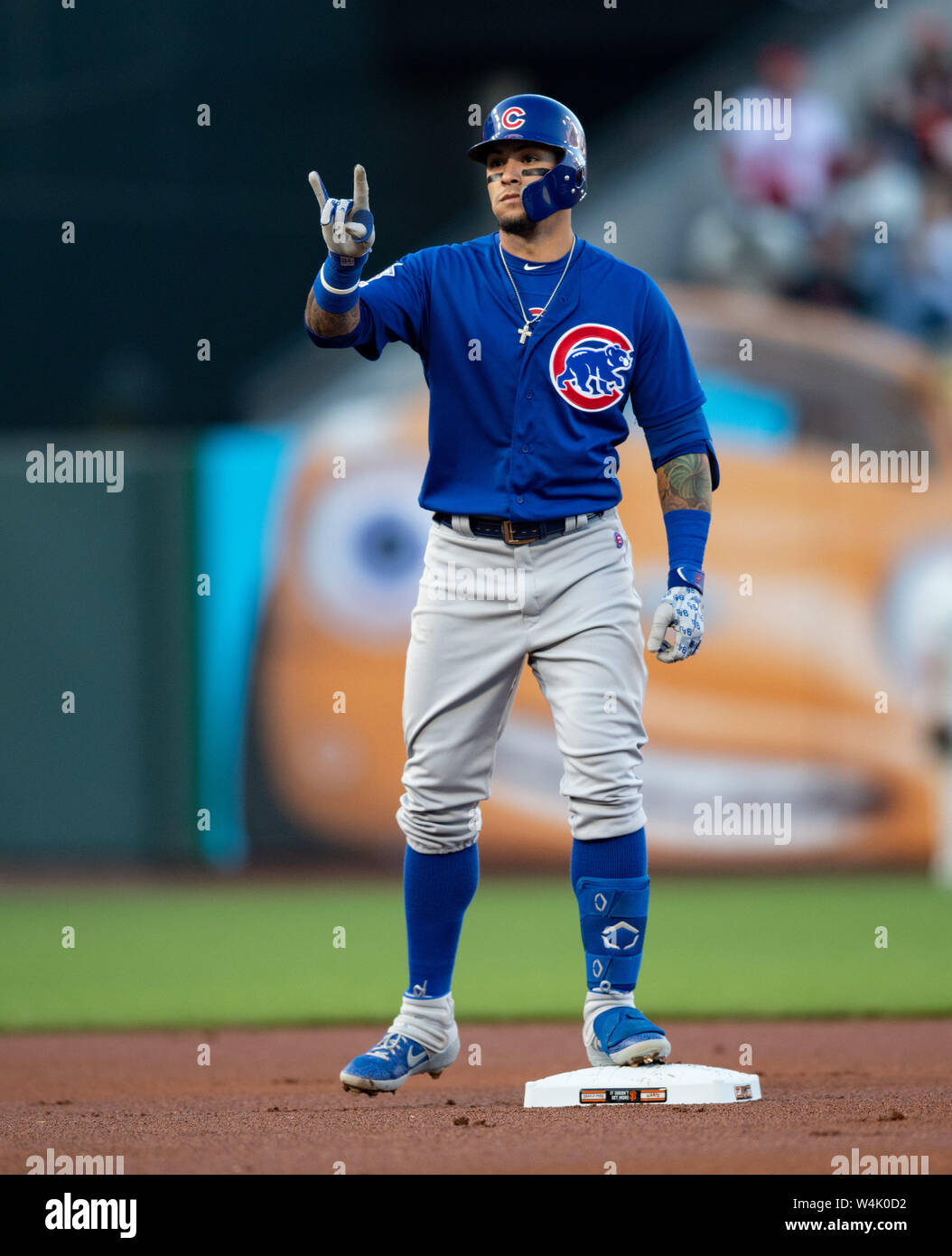 San Francisco, Californie, USA. 23 juillet, 2019. L'arrêt-court des Cubs de Chicago Javier Baez (9) après avoir frappé une première manche, lors d'un double jeu MLB entre les Cubs de Chicago et les Giants de San Francisco au parc d'Oracle à San Francisco, Californie. Valerie Shoaps/CSM/Alamy Live News Banque D'Images