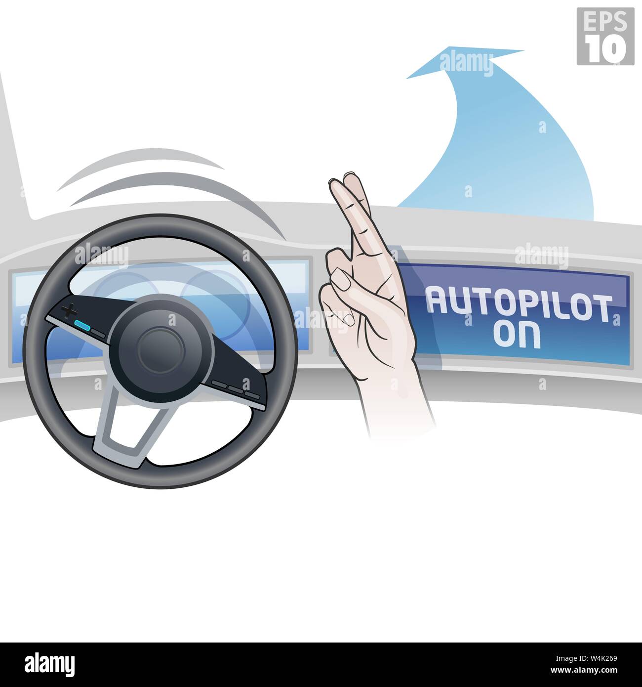 Location de voiture auto AI, pilote avec les doigts croisés dans la foi, sur pilote automatique, volant cuir moderne et écrans. Illustration de Vecteur