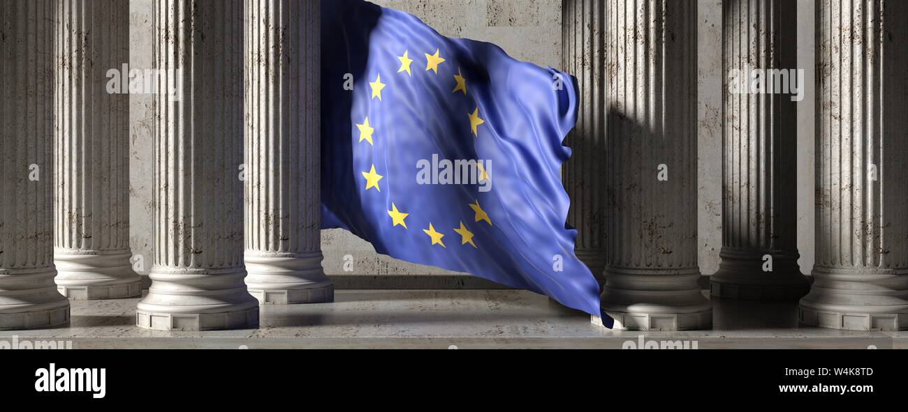 L'autorité de l'Union européenne ou la civilisation européenne concept. Drapeau de l'UE, en grec classique bâtiment colonnes en pierre, la bannière. Piliers colonade. 3d illustration Banque D'Images