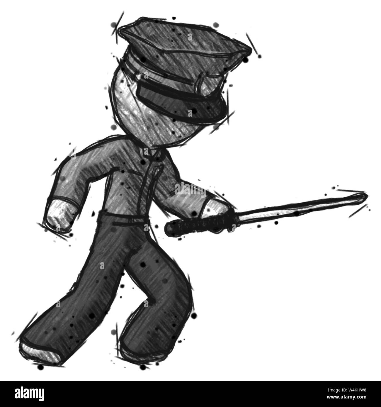 L'homme police Sketch poignardant avec épée ninja katana. Banque D'Images