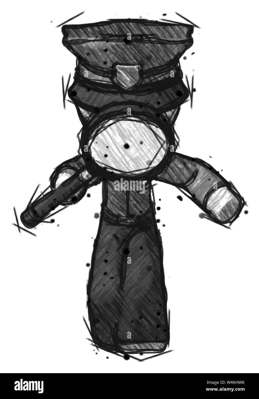 L'homme de la police sketch à la loupe par le bas. Banque D'Images