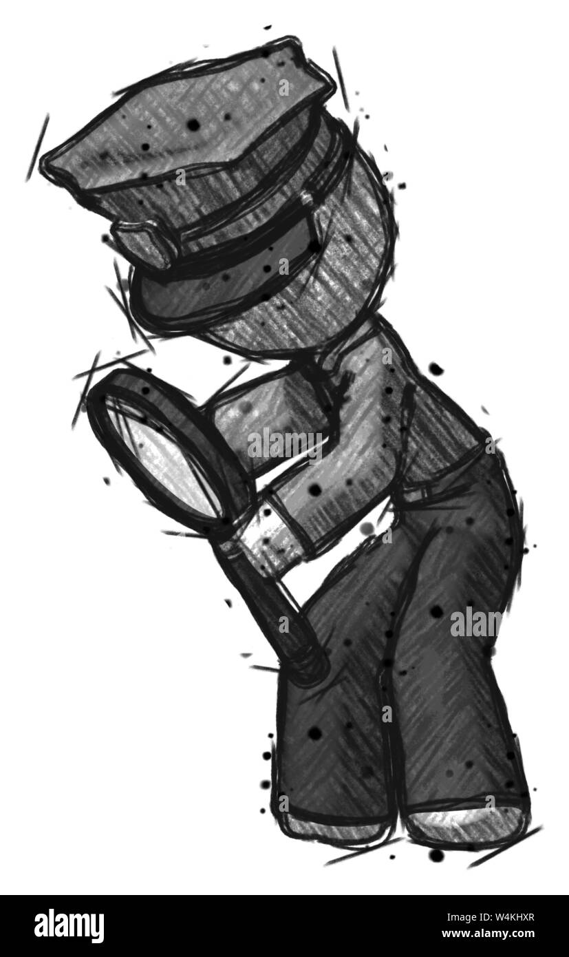 L'homme police Sketch inspection avec grande loupe à gauche. Banque D'Images