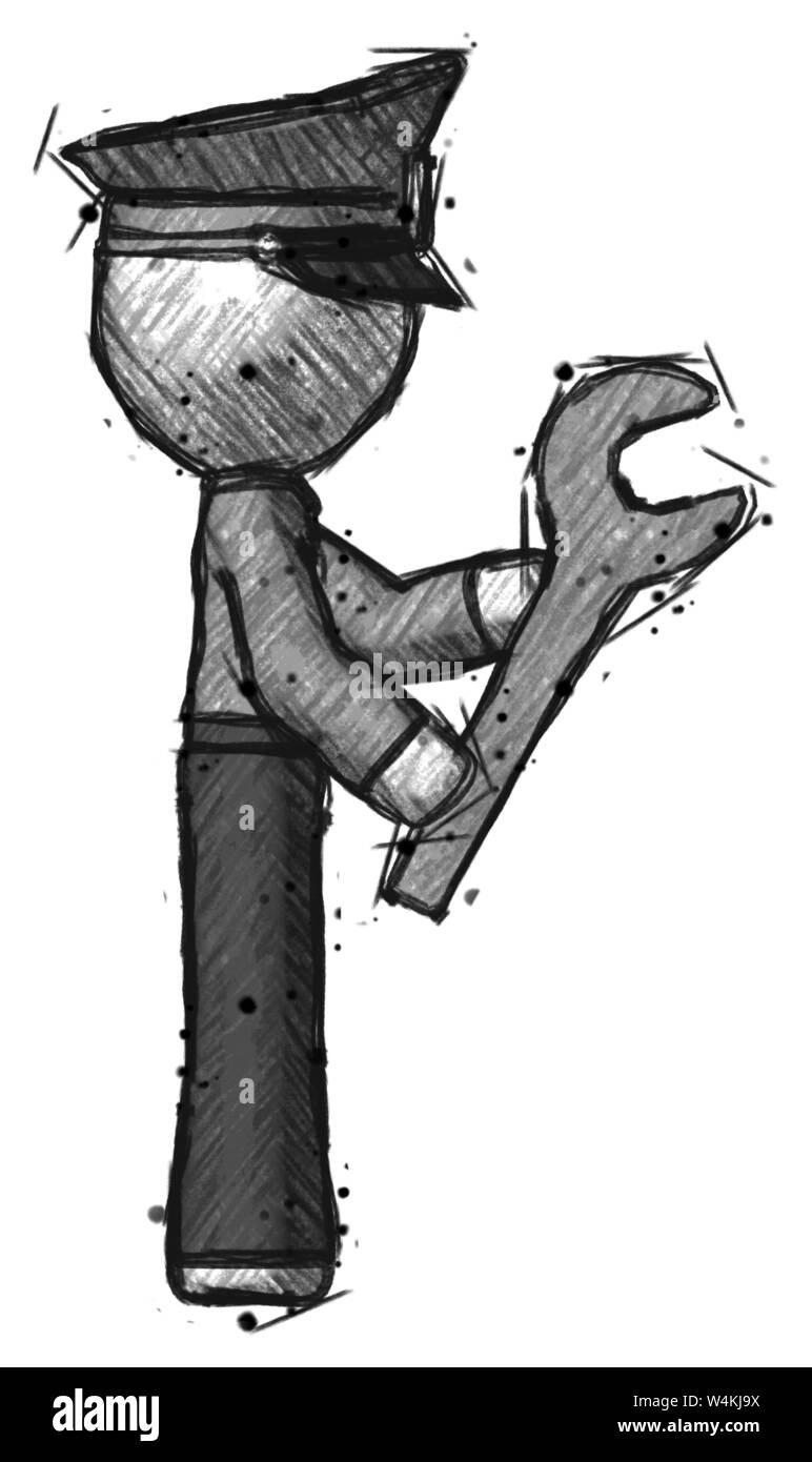 Croquis à l'aide de la clé de l'homme de la police quelque chose de réglage à droite. Banque D'Images