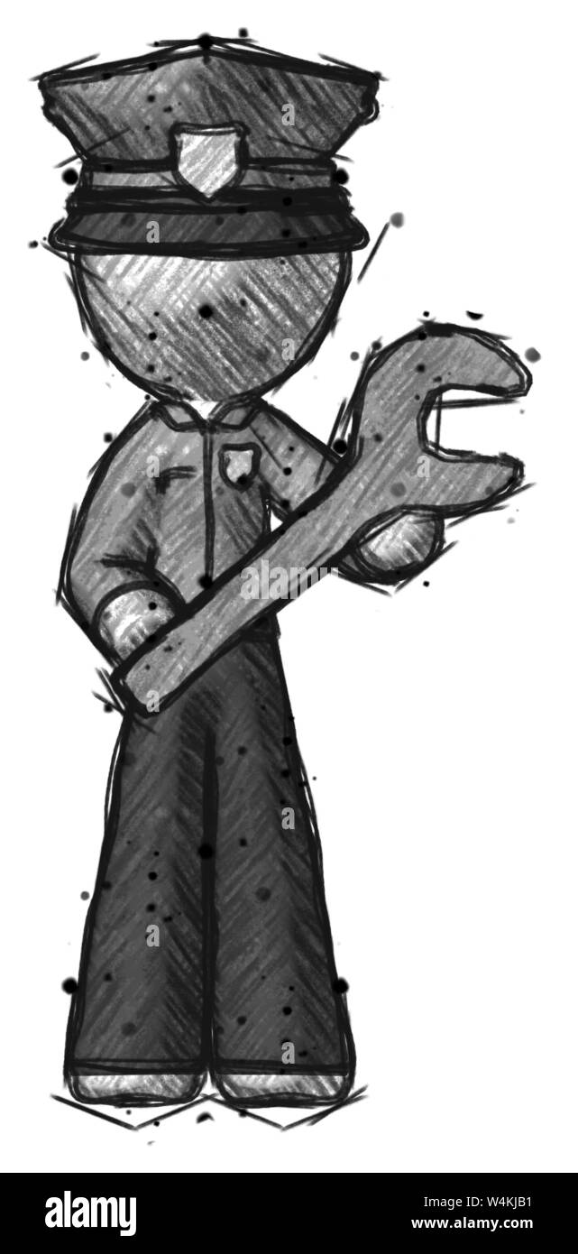 La police Sketch man holding grande clé à deux mains. Banque D'Images