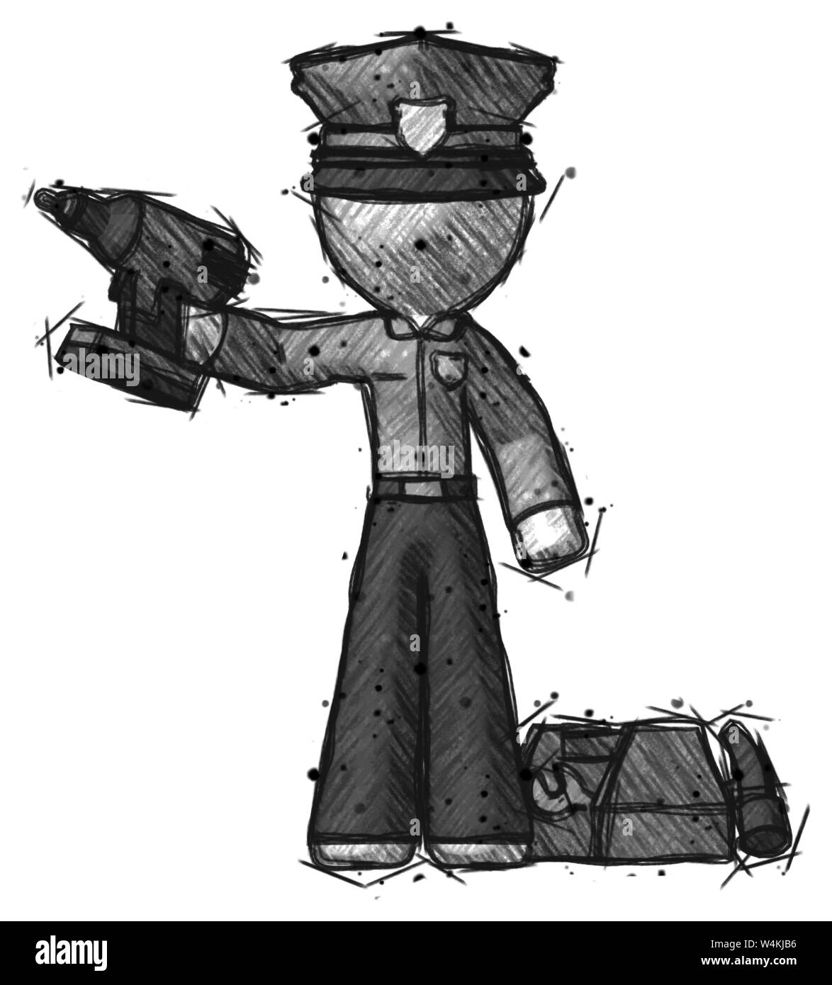 La police Sketch man holding drill prêt à travailler, et à droite des outils toolchest. Banque D'Images