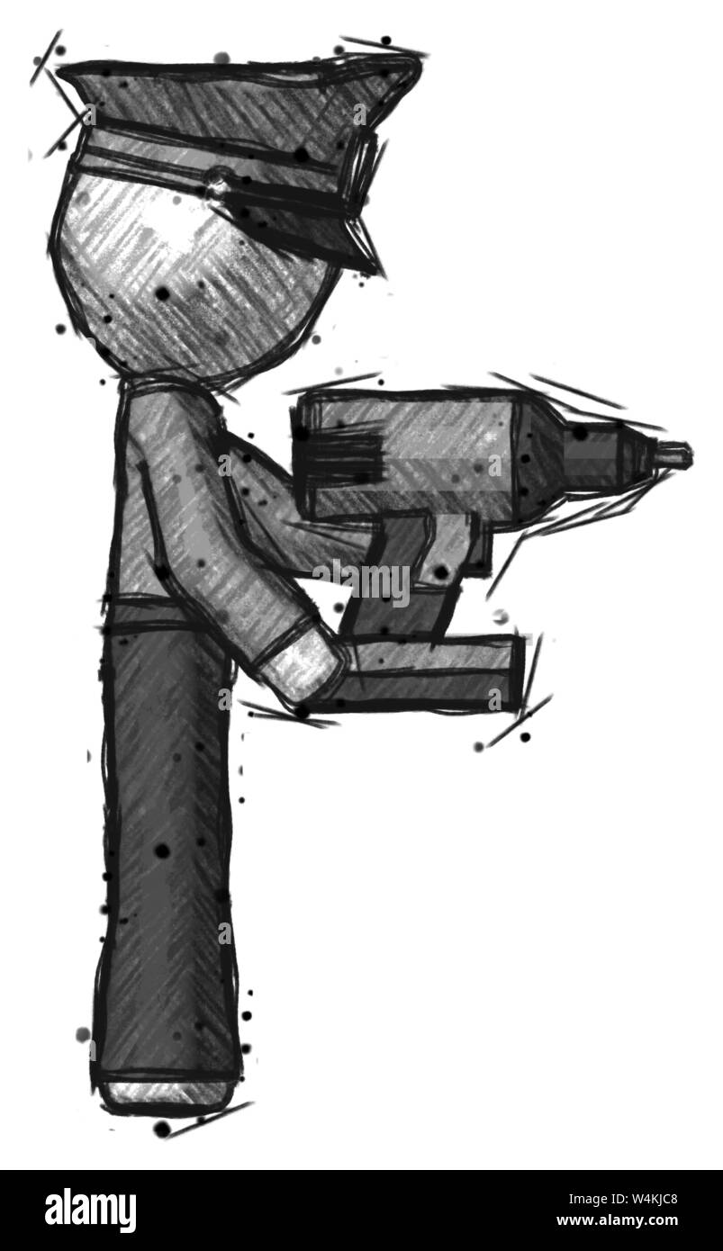 L'homme de la police Sketch en utilisant le forage Forage quelque chose sur le côté droit. Banque D'Images