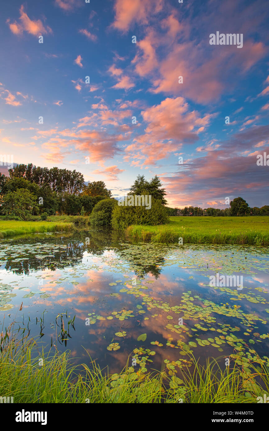 Une rivière qui coule à travers les champs verts luxuriants au coucher du soleil avec un ciel coloré - Meppel, Drenthe, Pays-Bas Banque D'Images