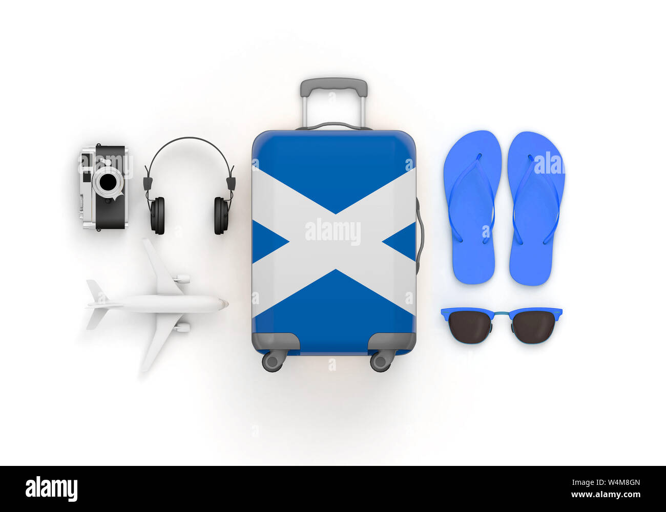 Drapeau Ecosse valise et accessoires de voyage à plat. 3D Render Banque D'Images