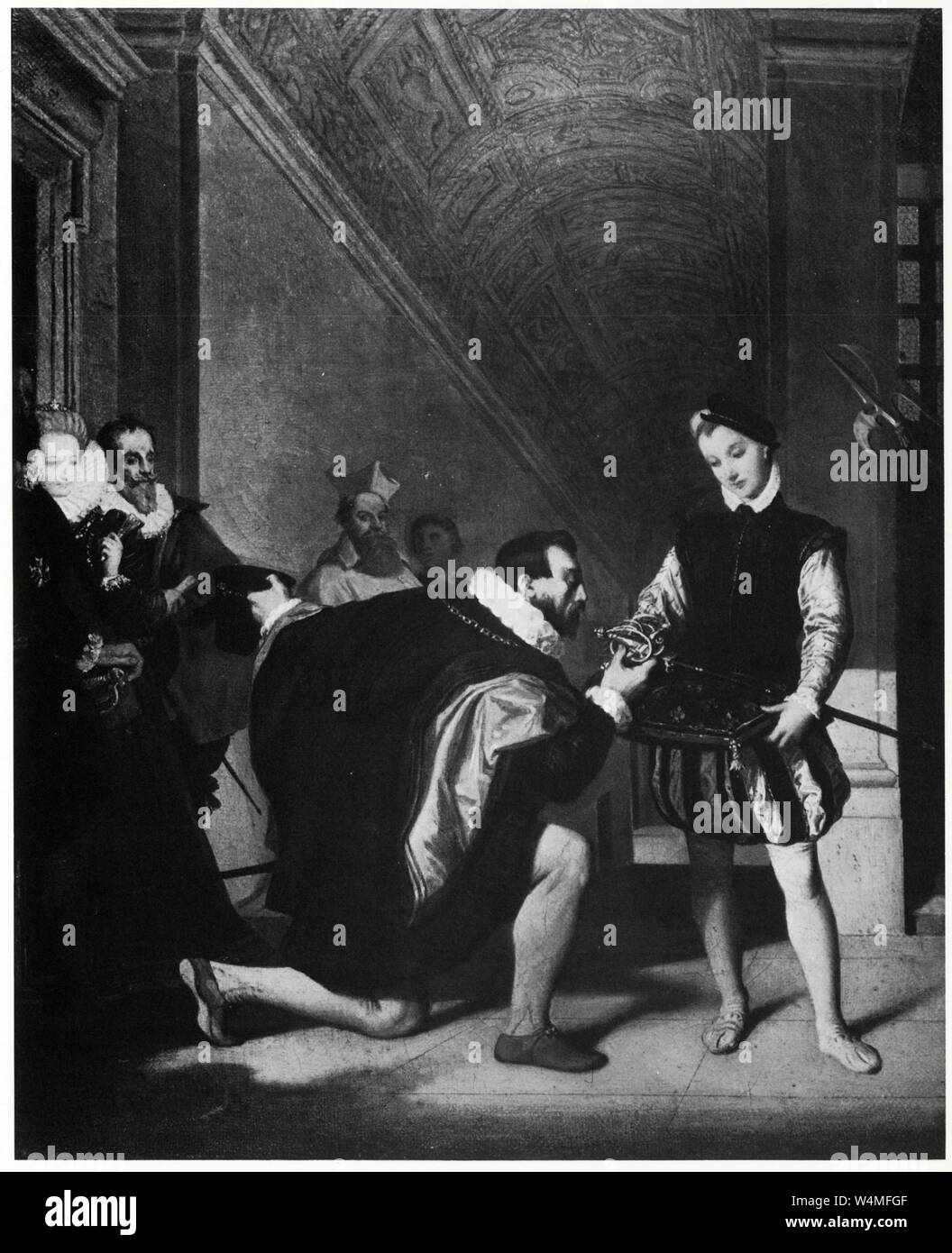 JEAN-AUGUSTE-DOMINIQUE INGRES. (1780-1867). DON PEDRO DE TOLÈDE, AMBASSADEUR DU ROI D'ESPAGNE BAISANT L'ÉPÉE D'HENRI IV, AU LOUVRE. TOILE. 1832. Banque D'Images