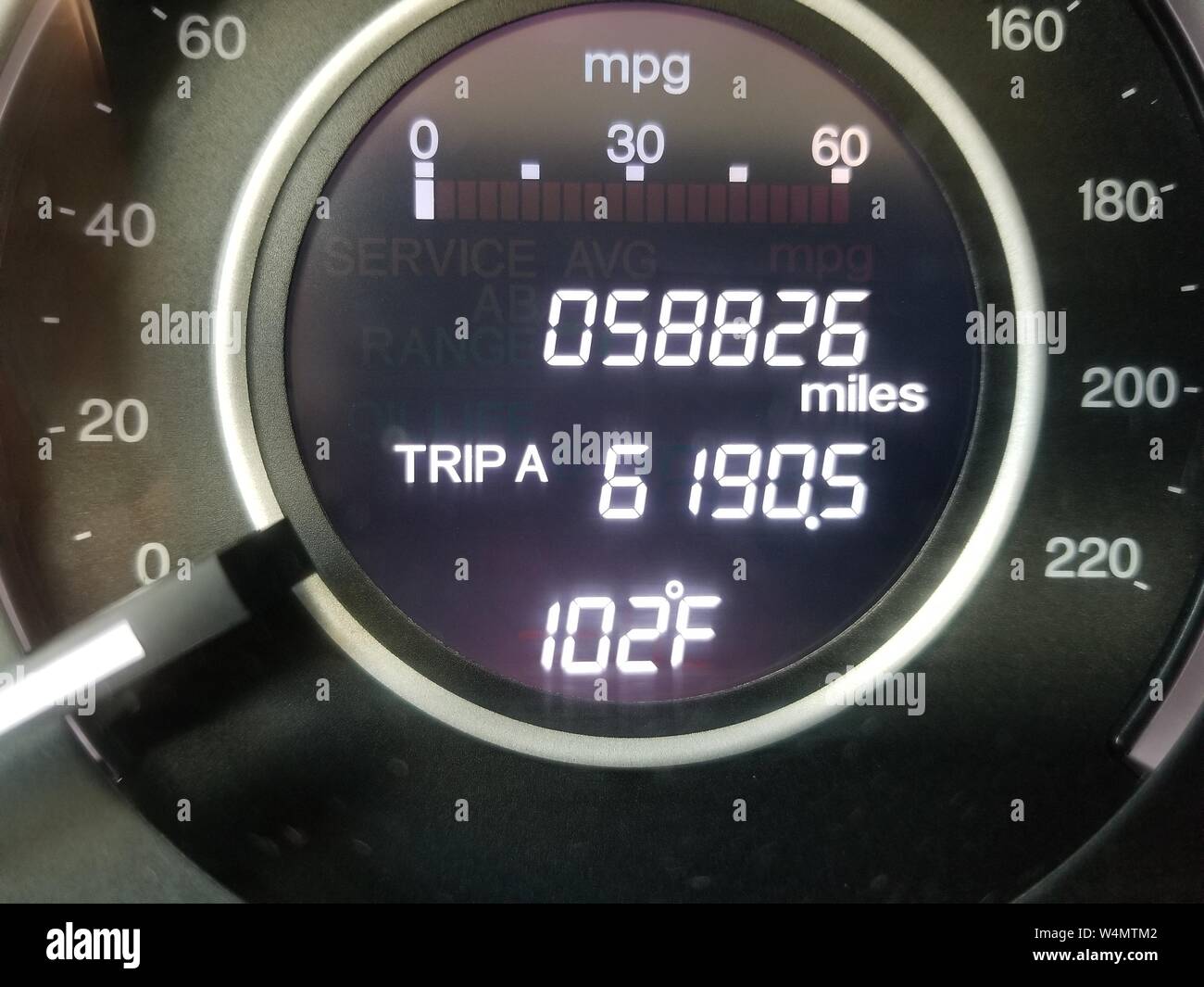 Close-up de la voiture avec compteur de lecture du capteur de température de 102 degrés pendant une vague de chaleur dans la région de la baie de San Francisco, San Ramon, Californie, le 11 juin 2019. () Banque D'Images