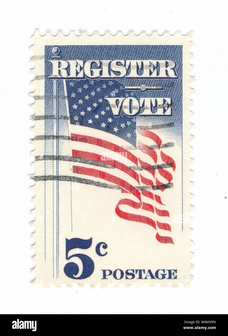 Cinq-cent Vintage timbre-poste, avec l'image d'un drapeau américain et le texte 'inscription - Vote, ' fabriqués aux Etats-Unis, août 1964. () Banque D'Images