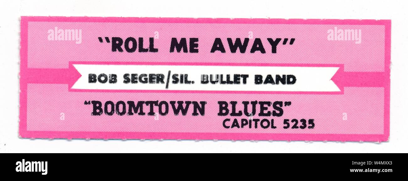 Jukebox ou étiquette bandeau titre pour le Bob Seger et le Silver Bullet Band chansons 'Rouleau Me Away' et 'Boomtown Blues', 1982. () Banque D'Images