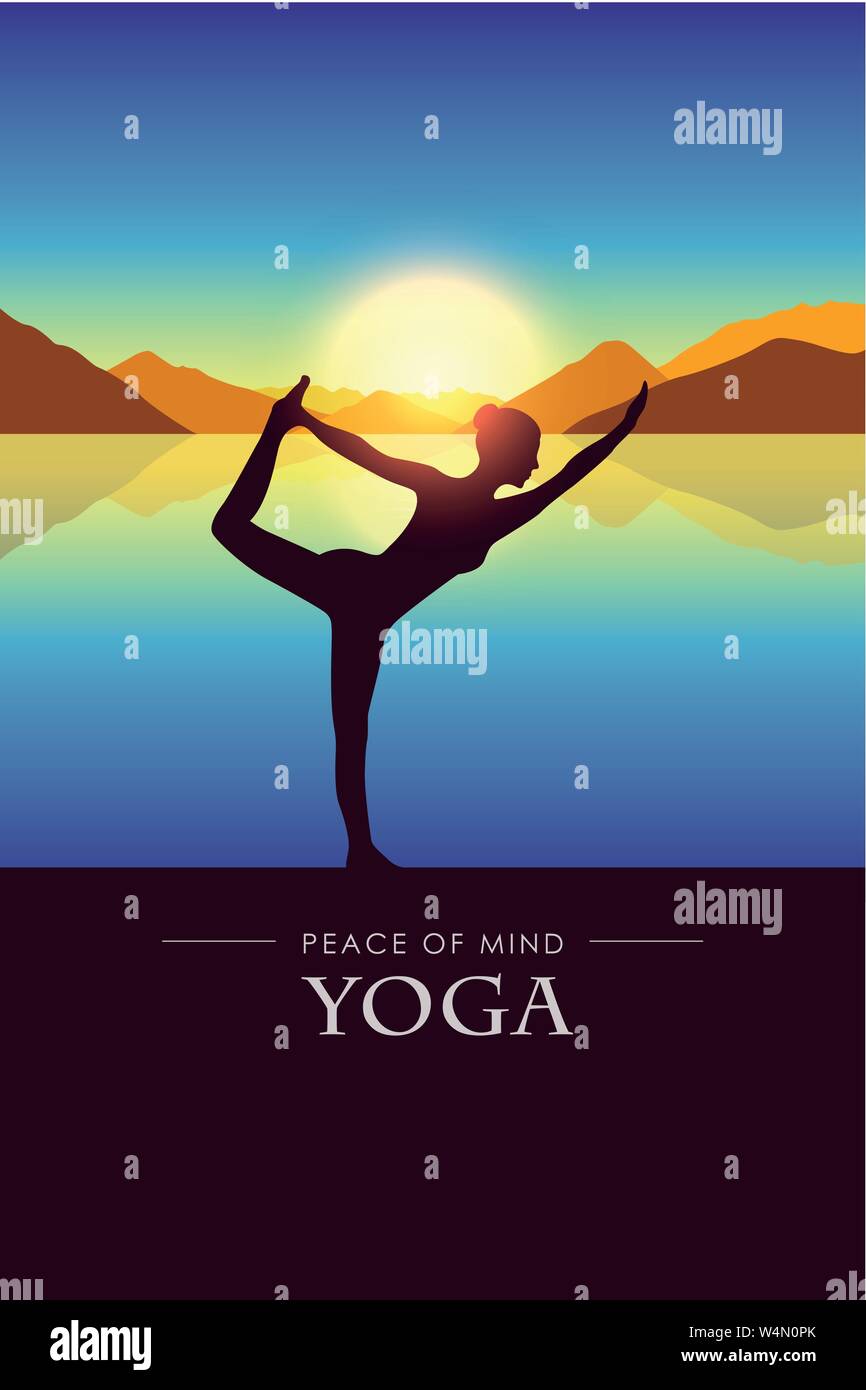 La paix de l'esprit femme silhouette yoga par le lac avec l'automne paysage de montagne au coucher du soleil illustration vecteur EPS10 Illustration de Vecteur