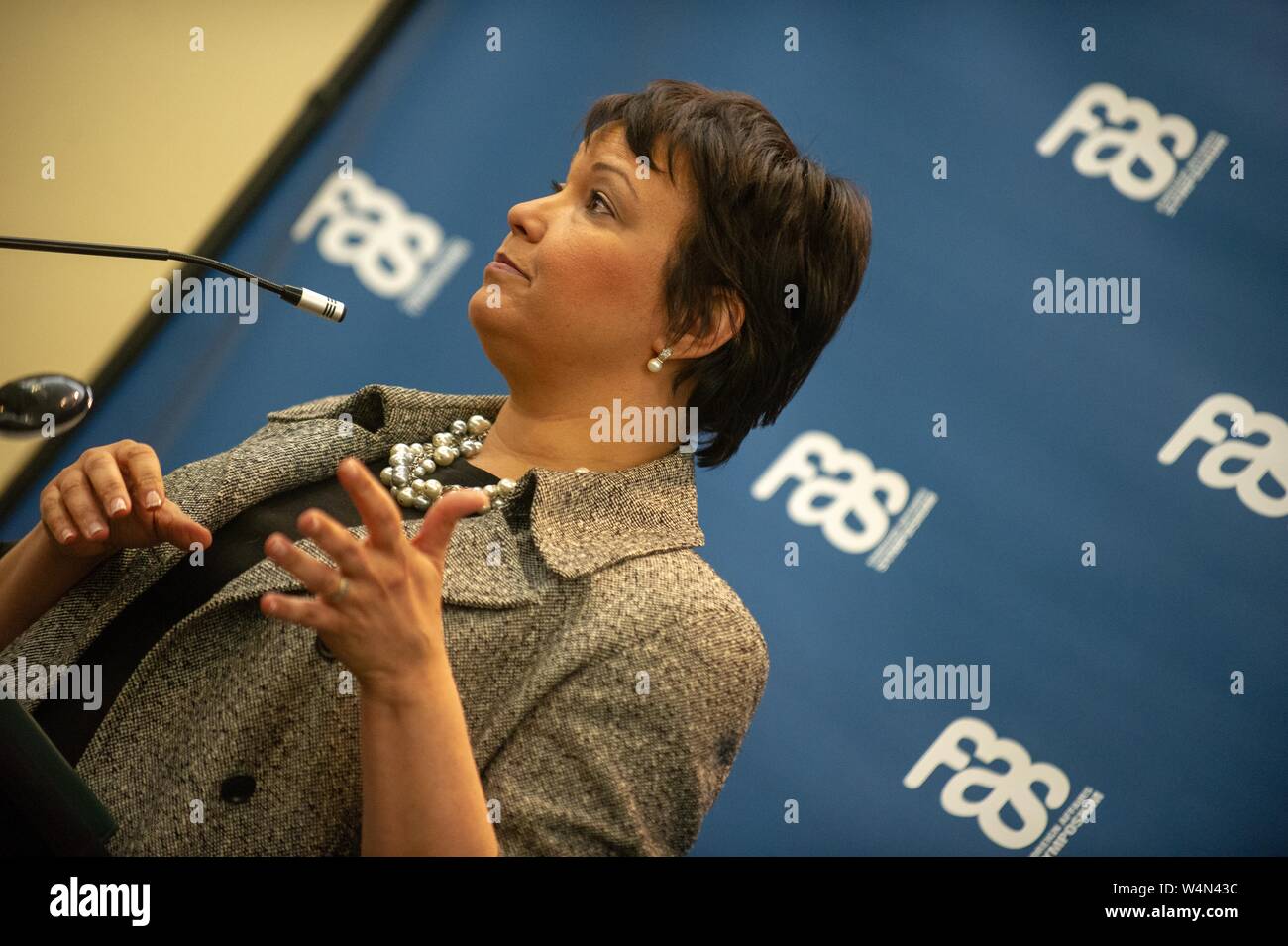 Dans l'angle, vue de profil de Lisa Jackson, ingénieur chimique et administrateur, parlant d'un podium lors d'un Symposium des affaires étrangères à l'Université Johns Hopkins University, Baltimore, Maryland, le 10 mars 2010. À partir de la collection photographique de Homewood. () Banque D'Images