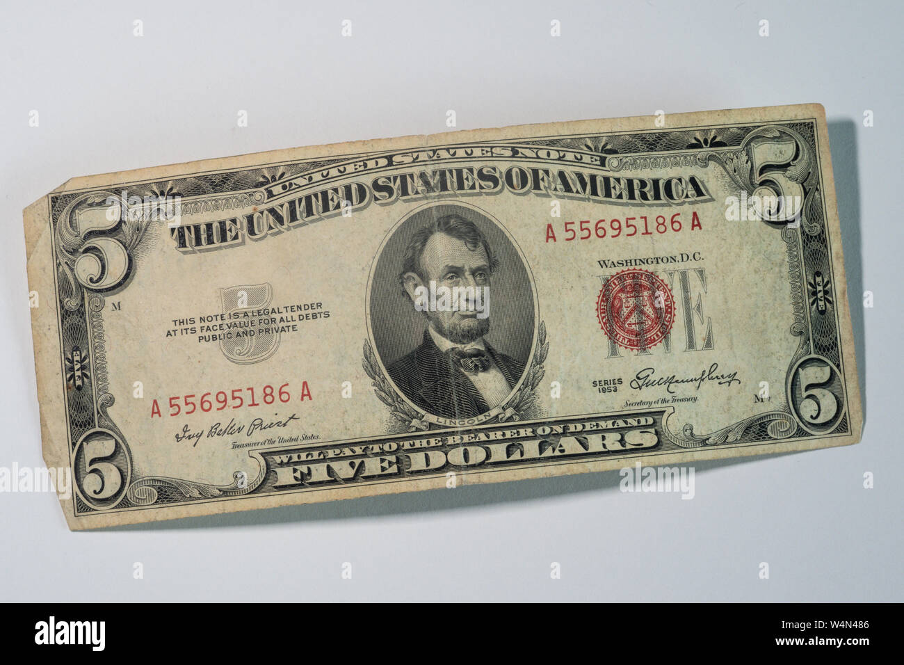 Gros plan d'un vintage US Five Dollar Bill, États-Unis Banque D'Images