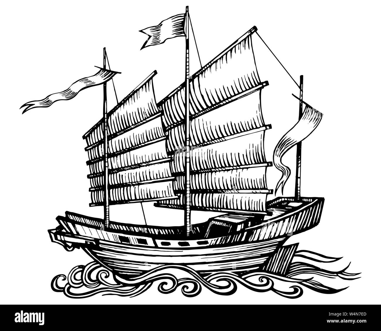Voilier pirate chinois junk Illustration de Vecteur