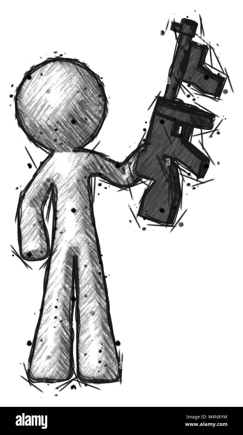 Design Sketch mascot man holding tommygun comme un bandit. Banque D'Images Design Sketch mascot man holding tommygun comme un bandit. Banque D'Images