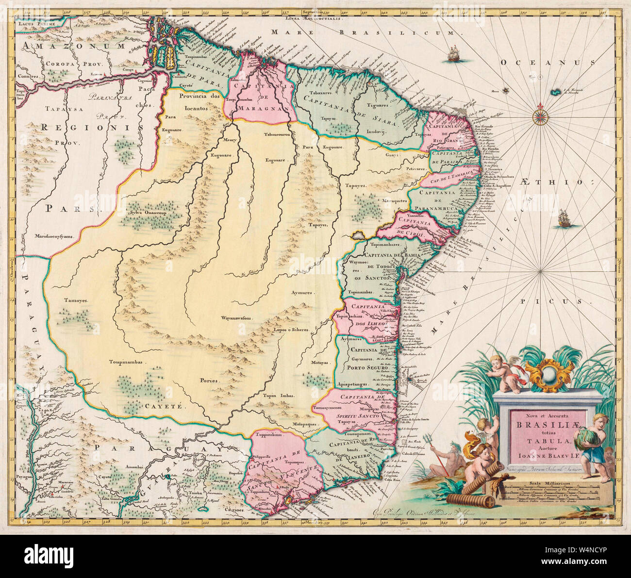 Carte du Brésil, par Willemszoon cartographe hollandais Johannes Blaeu, publié à Amsterdam 1662 par Pieter Schenk. Banque D'Images