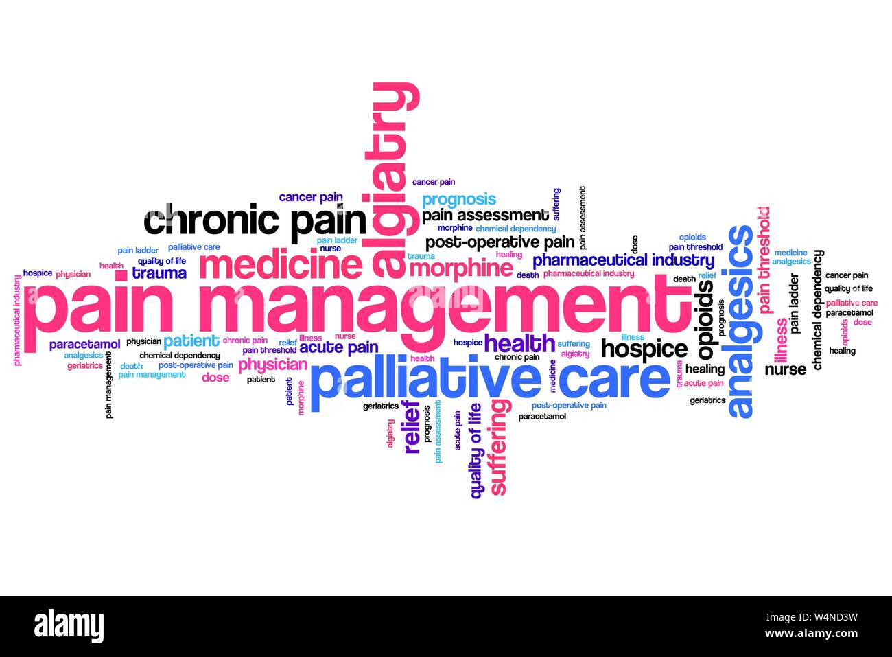 La gestion de la douleur et soins palliatifs et Nuage de mots concepts illustration. Collage mot concept. Banque D'Images
