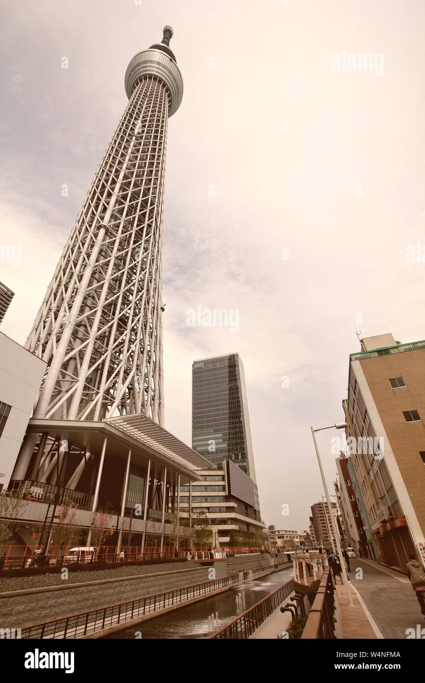 TOKYO, JAPON - 13 avril 2012 : les gens à pied ci-dessous Skytree Tower sur à Tokyo. C'est la deuxième plus haute structure au monde, 634m de hauteur. Il a été ouvert Banque D'Images