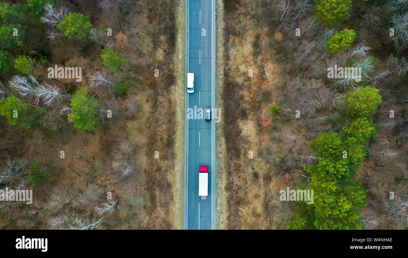 Vue aérienne de black car la conduite sur route de campagne et forêt. Drone cinéma tourné en survolant de gravier dans la pinède Banque D'Images