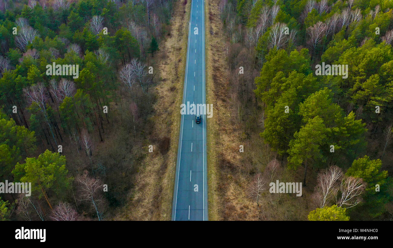 Vue aérienne de black car la conduite sur route de campagne et forêt. Drone cinéma tourné en survolant de gravier dans la pinède Banque D'Images
