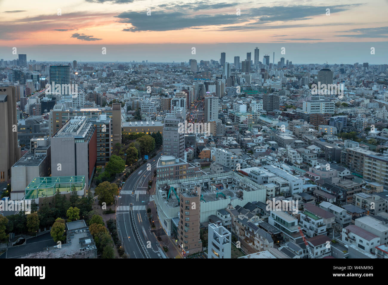 À la recherche sur les toits de Tokyo au coucher du soleil, le Japon. Banque D'Images