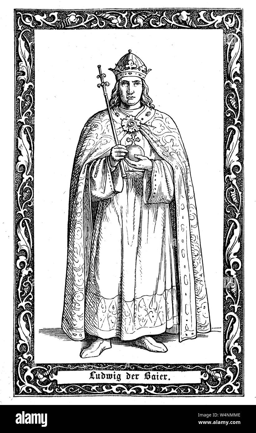 Louis IV, appelé la maison de Wittelsbach, Bavarois, était le roi des Romains à partir de 1314, Saint Empereur romain à partir de 1328. Ludwig IV., Ludwig der Bayer, 1282-1347, Haus ab 1314 guerre Wittelsbach römisch-deutscher König und ab 1328 im Heiligen Römischen Kaiser Reich, l'amélioration numérique reproduction d'une illustration du xixe siècle Banque D'Images