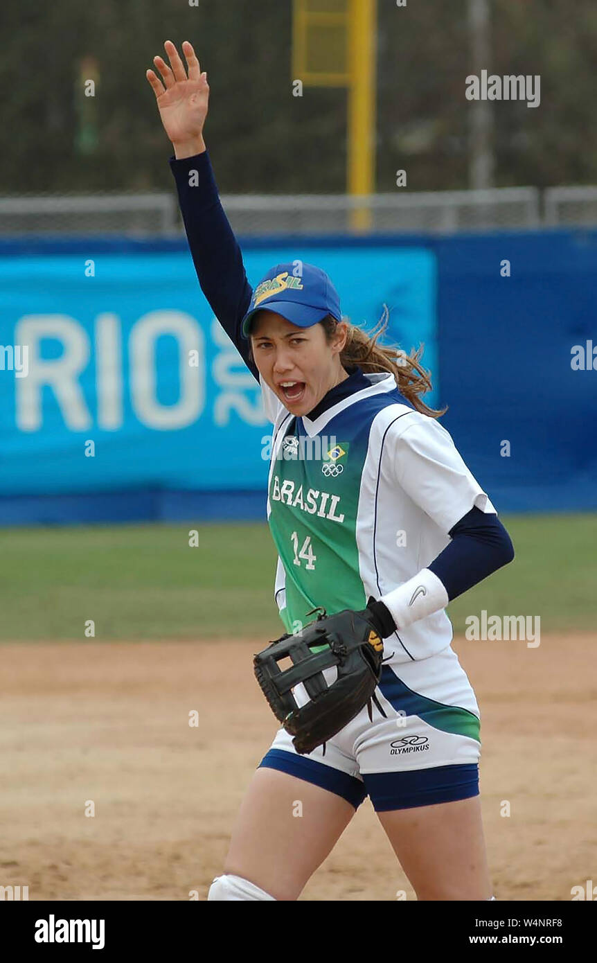 Rio de Janeiro, Brésil, le 26 juillet 2007. Les joueurs de softball du Brésil durant la Brésil / USA jeu par la Pan American au Complexe sportif Deodoro Banque D'Images