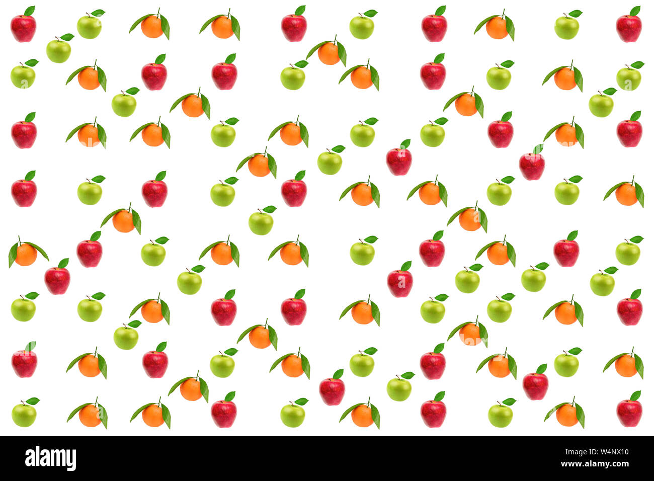 Motif Fruits. Des pommes et des oranges fraîches isolées sur fond blanc. Banque D'Images