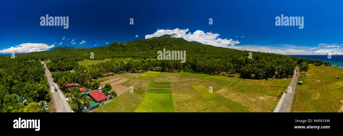 Vue aérienne des terres agricoles, les champs et le Mont Mambajao en arrière-plan sur CAMIGUIN ISLAND, Philippines Banque D'Images