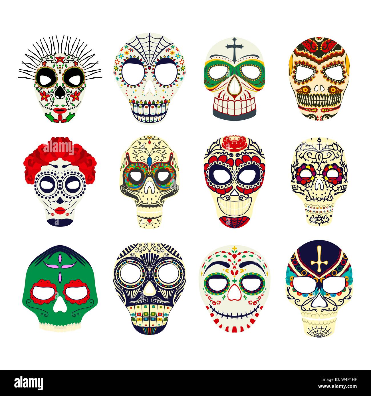 Le Jour des morts crâne mexicain collection de symboles, les masques vectoriels sur fond blanc Illustration de Vecteur