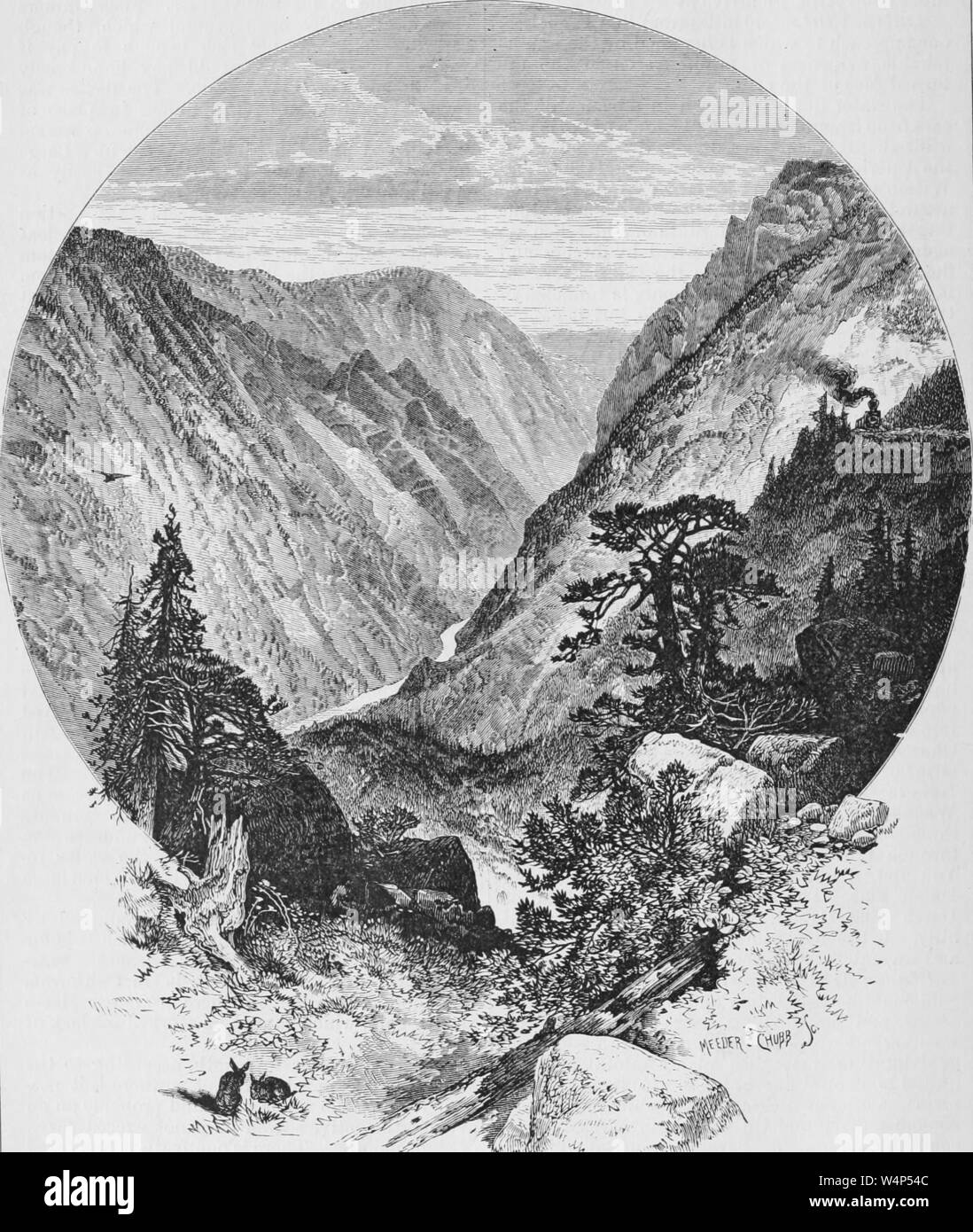 Gravure de l'écart du géant dans l'American River Canyon, du livre 'Le Pacific tourist' par Henry T. Williams, 1878. Avec la permission de Internet Archive. () Banque D'Images