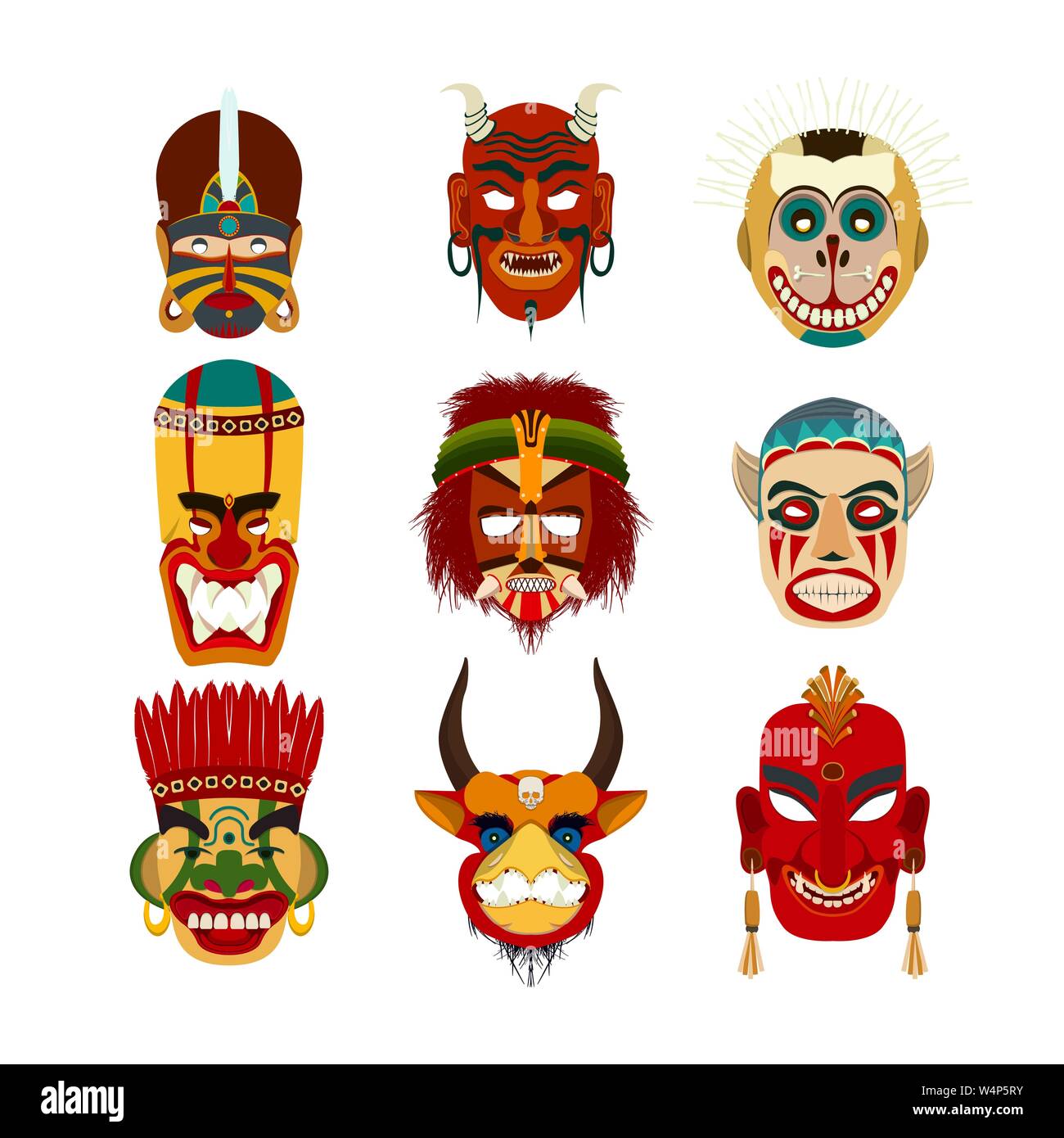 Les masques tribaux vecteur défini, les objets isolés sur fond blanc Illustration de Vecteur
