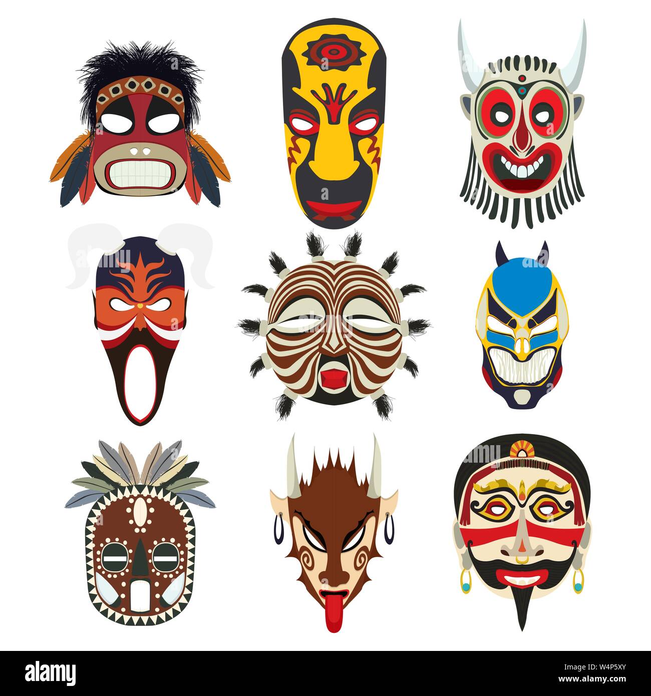 Les masques tribaux vecteur défini, les objets isolés sur fond blanc Illustration de Vecteur