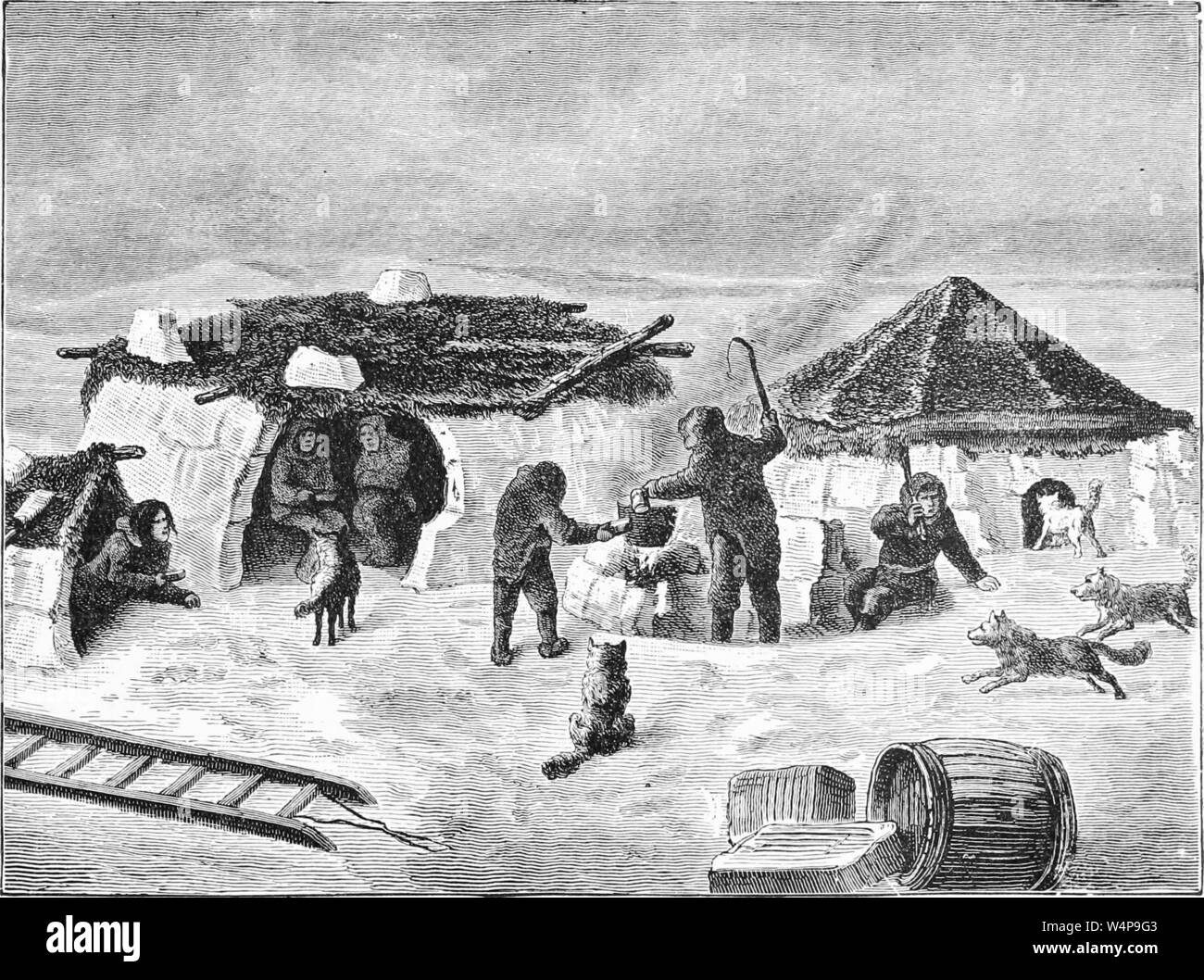 Dessin gravé de l'Esquimau les gens dans leurs maisons d'hiver, du livre 'Ridpath's histoire universelle de l' de John Clark Ridpath, 1897. Avec la permission de Internet Archive. () Banque D'Images