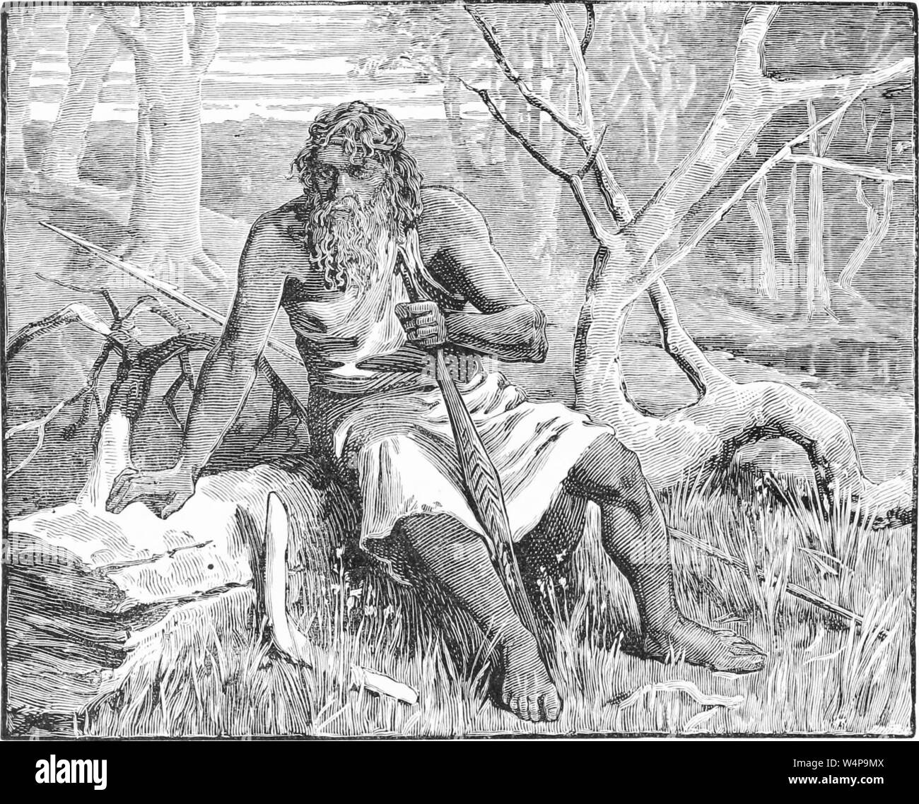Dessin gravé de la Tasmanian hunter le repos dans la forêt, du livre 'Ridpath's histoire universelle de l' de John Clark Ridpath, 1897. Avec la permission de Internet Archive. () Banque D'Images